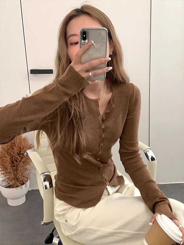 

Women Red Knit Cardigan Korean Style Early Autumn Waist Defining Long Sleeve Top Slim Fit Layering Blouse