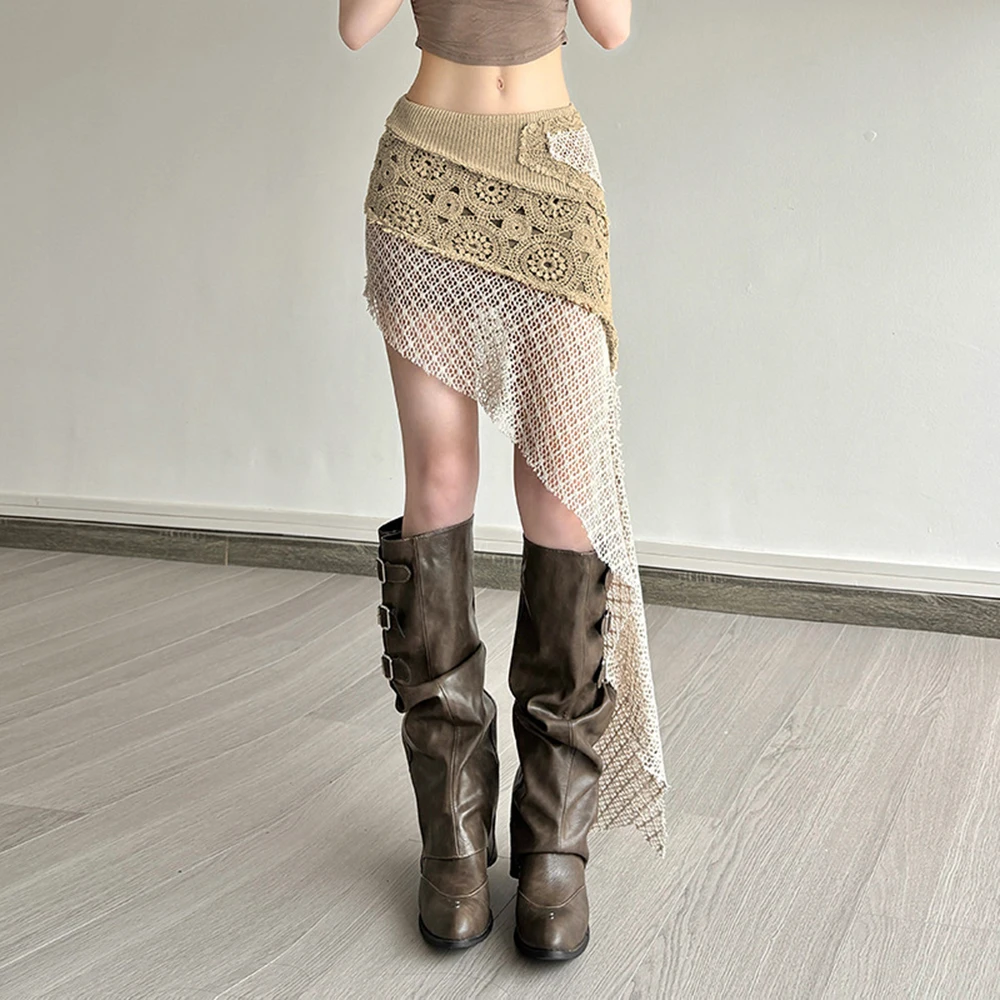 American Spring Autumn New Women's Solid Color Slimming Retro Splicing Short Skirt Fashion High Waist Irregular Half Skirt