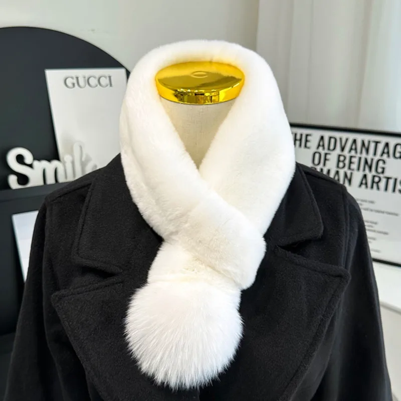

Real Rex Rabbit Fur Scarf Plush Warm Double-sided Thickened Fur Scarf With Fox Fur Ball Keep Warm Winter Female Real Fur Collar