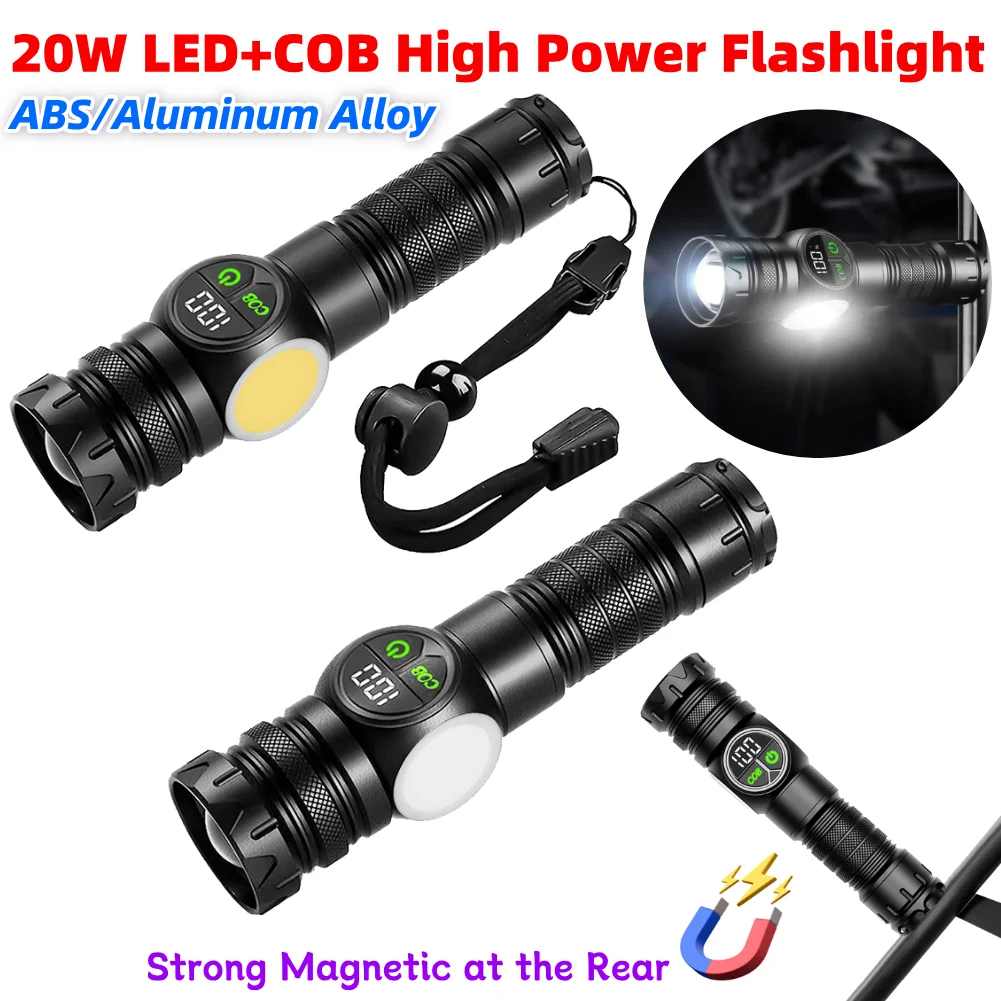 20W LED+COB Hochleistungs-Taschenlampe, wasserdicht, superhelle Taschenlampe, Typ-C, wiederaufladbar, Outdoor-Handlampe für Stromausfälle