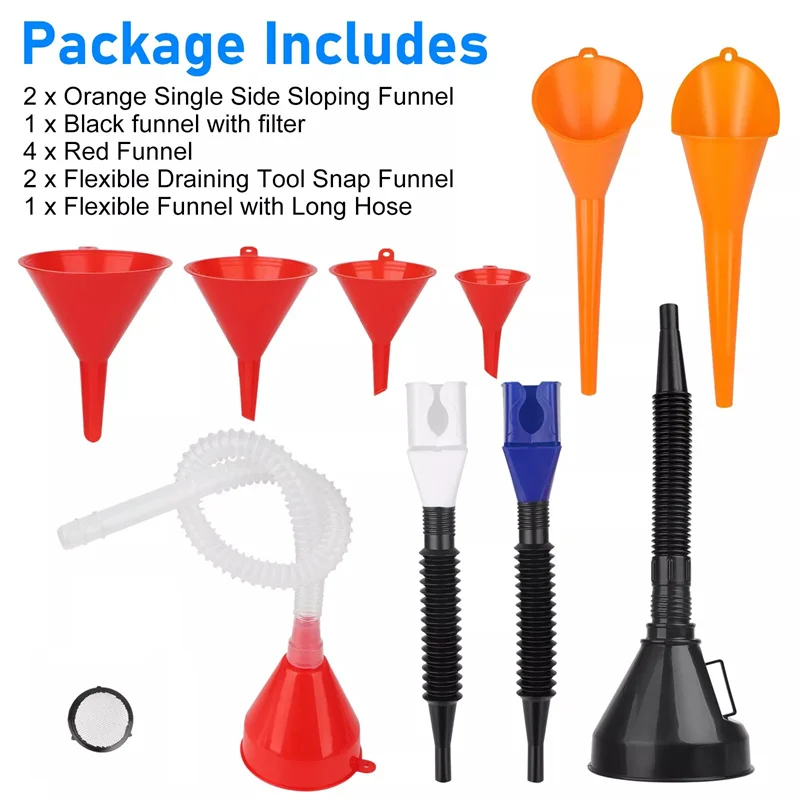 

Набор автомобильных ворон из 10 шт., пластиковые масляные воронки с длинной шеей, воронка с защелкой, прямоугольные воронки, воронки для топлива с широким горлышком