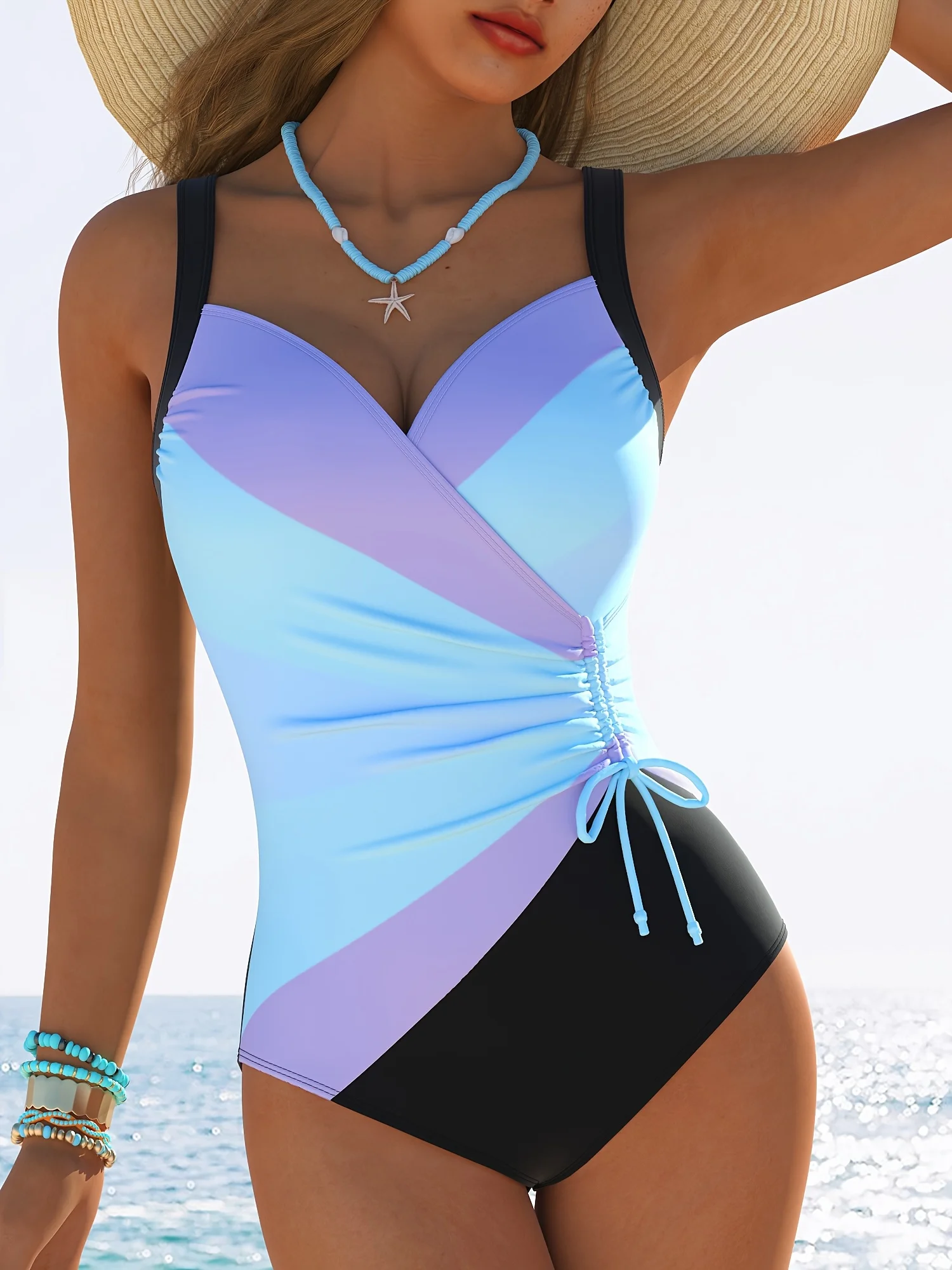 Women's One Piece Swimsuit Tummy Control Color Block Halter Bikini Set Padded Push Up Beachwear Sexy Monokini for Women