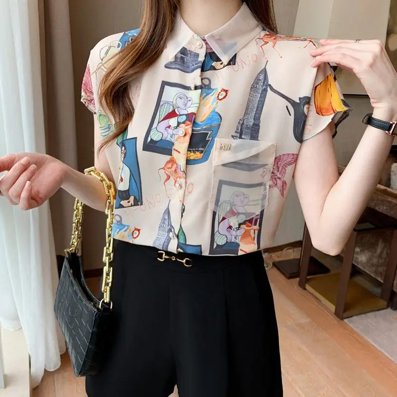 3XL Women Summer Spring Blouses Shirts Lady Fashion Casual Short Sleeve Turn-down Collar Flower Printing Blusas Tops G2541