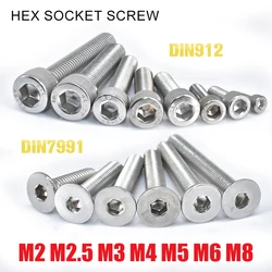 M2 M2.5 M3 M4 M5 M6 M8 304 Stainless Steel Hex Socket Screw DIN912 Hexagon Allen Bolt Metal Machine Screws DIN7991 A2 Screws