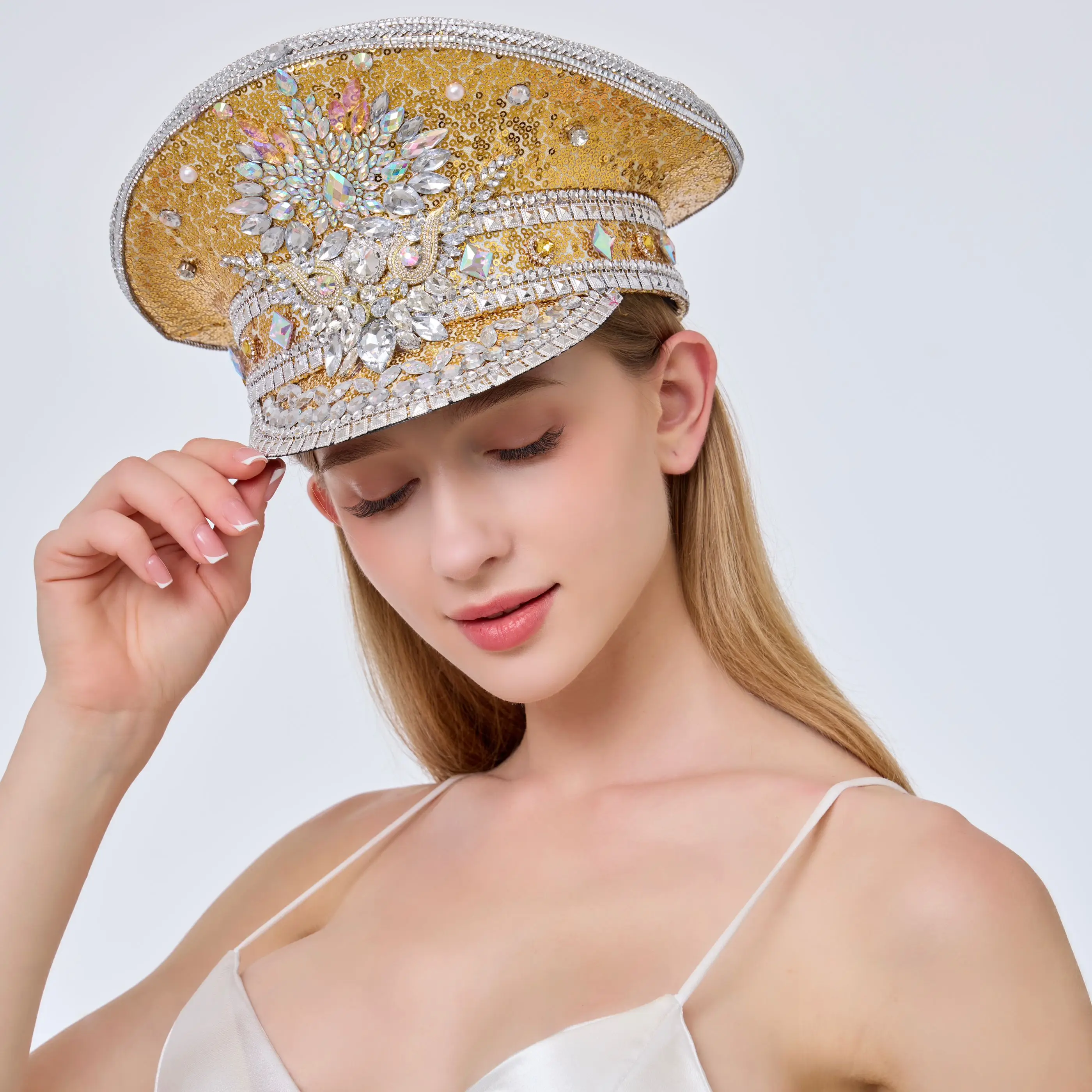 ホンルアン-ゴールデン-グリッター-スチームパンク-キャプテンハット-ラインストーン-バーニングマンフェスティバル-女性用-ヴィンテージ-ミリタリー-アクセサリー＆キャップ-男性用