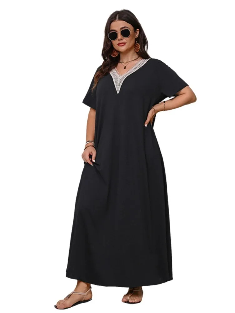 Robe longue à volants pour femmes, grande taille, broderie patchwork, col en v, mode plissée, décontractée, été