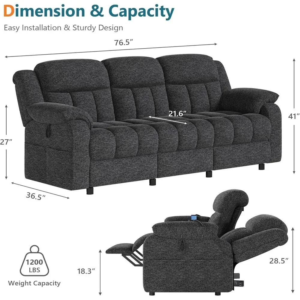 Electric Recliner Soa Couch, Power Reclining Soa Loveseat with kets & Adjustable Backrest, Comy Chenille Upholstered 3 Seater Co