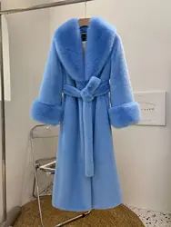 3 Color 6XL Women Mink Velvet Long Overcoat Loose Trench Winter Thick Warm Faux Big Triangle Fox Fur Neck Cardigan Windbreaker
