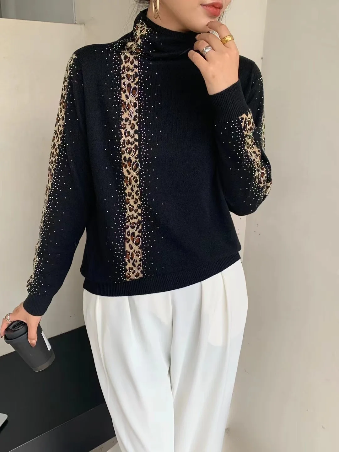 Rhinestones Leopard Turtleneck Sweaters Autumn Winter Wool Blend Bottoming Tops Long Sleeve Slim Female\'s Clothing B-011