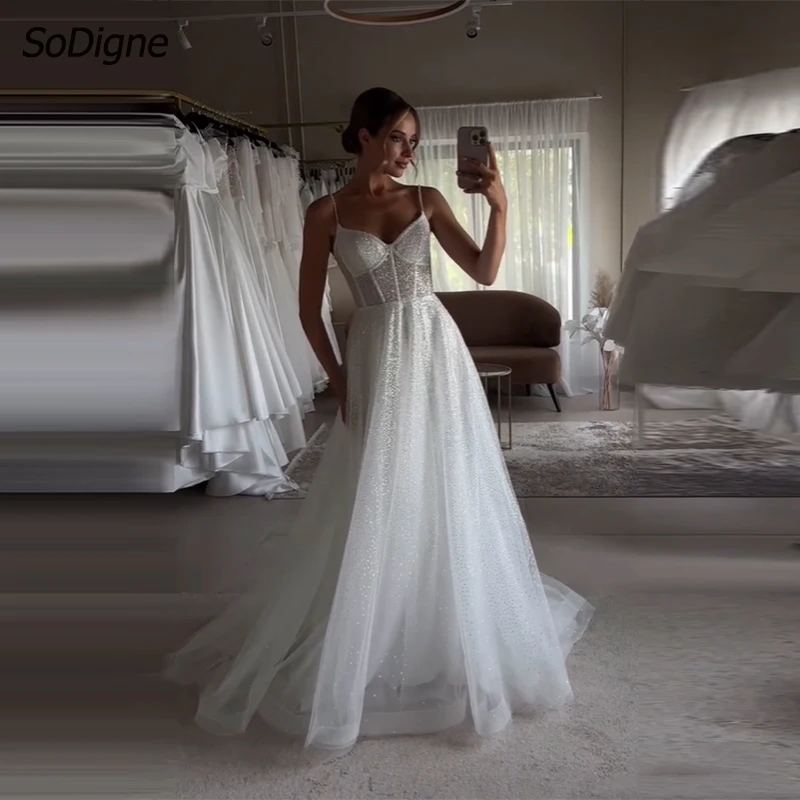 

SoDigne Glitter A-line Wedding Dresses Sweetheart Spaghetti Straps Bride Dress Long Tulle Bridal Gown Vestido De Noiva ﻿