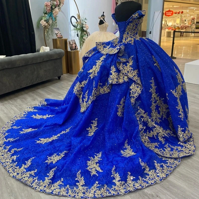 EVLAST-Vestido de baile Quinceanera brilhante azul Royal, Apliques de renda, vestido inchado doce de 15 anos, 15 anos, TQD057, 2023