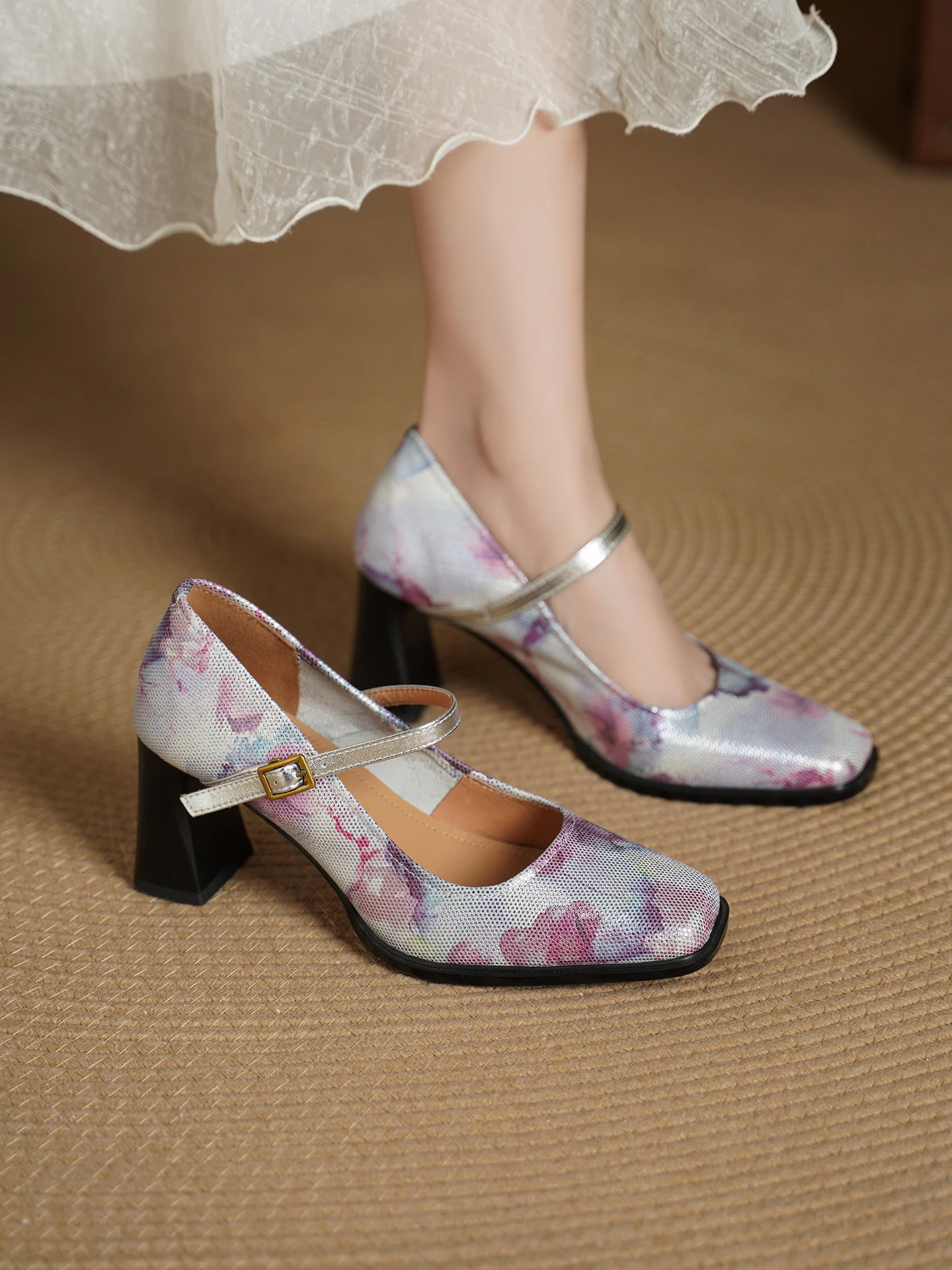 

Genuine Leather US 5-10 2026 Spring Summer Women Mary Jane Chunky Heel Shallow Cut Flats Versatile French Style Women Pumps