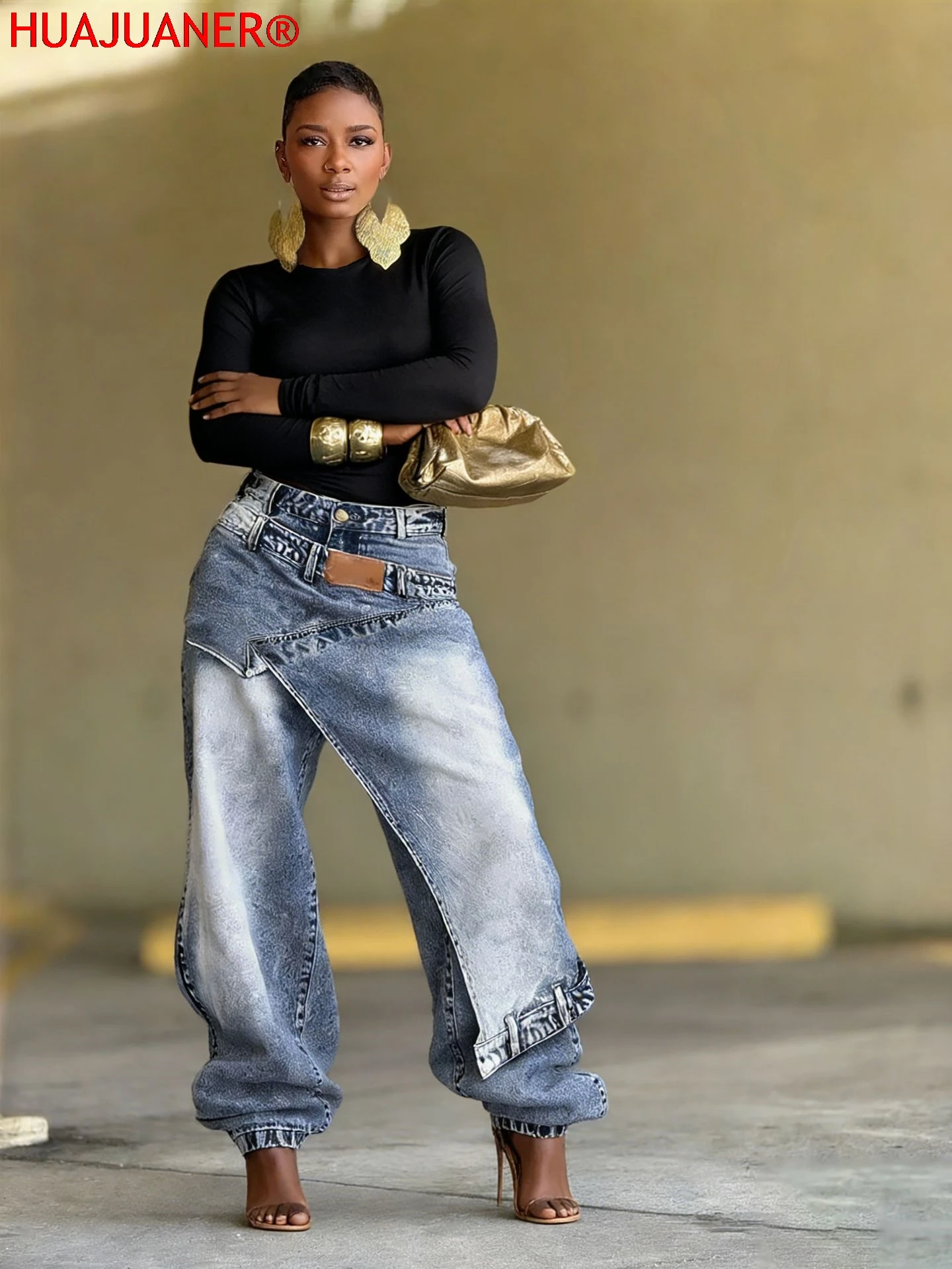 Jeans Women Vintage Wide Leg Pants Denims Washed Streetwear Patchwork 6