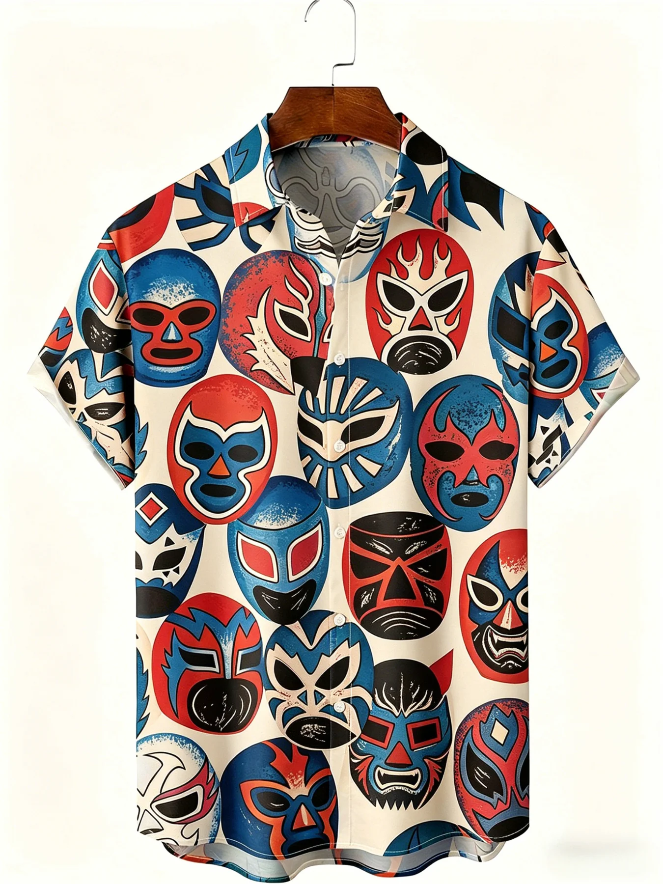 Vintage Mexican Wrestling Mask Folk Art Pattern Unisex Short Sleeve Blouse Camp Collar Loose Vacation Shirt