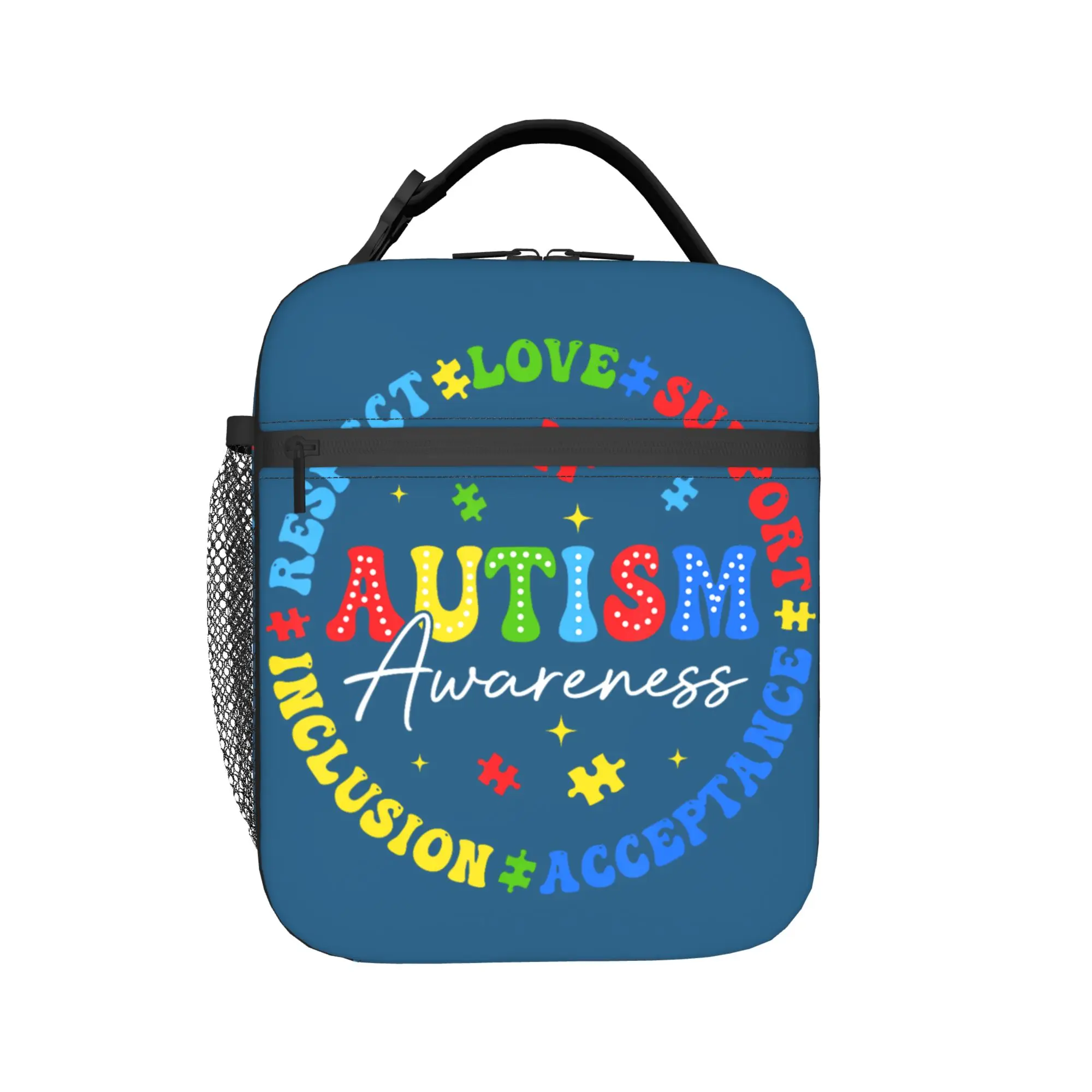 Autism Awareness Respect Love Support Blue Autism Lunch Bag Retro Picnic Lunch Box Graphic Design Portable Cooler Bag
