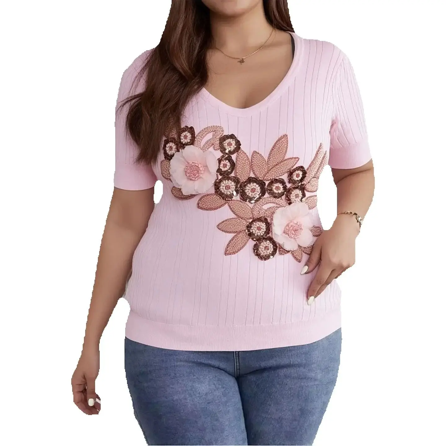 

Женские топы, лето-весна, с коротким рукавом, большие размеры, пуловер с блестками, свитер, корейская мода, милая футболка с бриллиантами и жемчугом