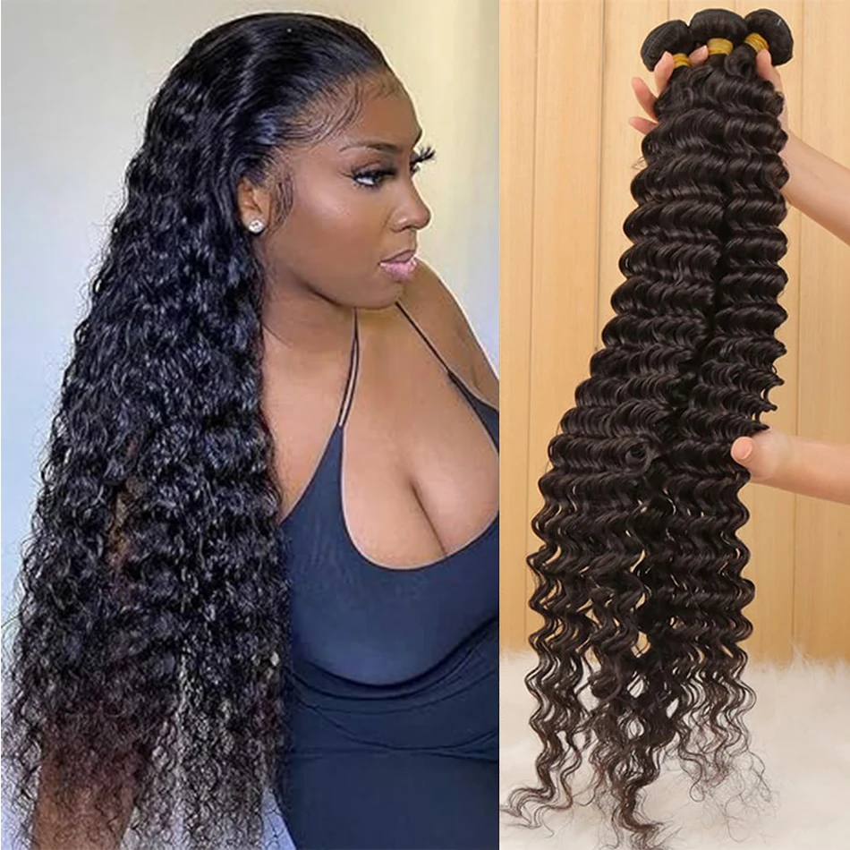 

Deep Wave Human Hair Bundles Malaysia Hair Water Curly 3 Bundle 100% Unprocessed Natural Black Color Loose Deep Wave Bundles