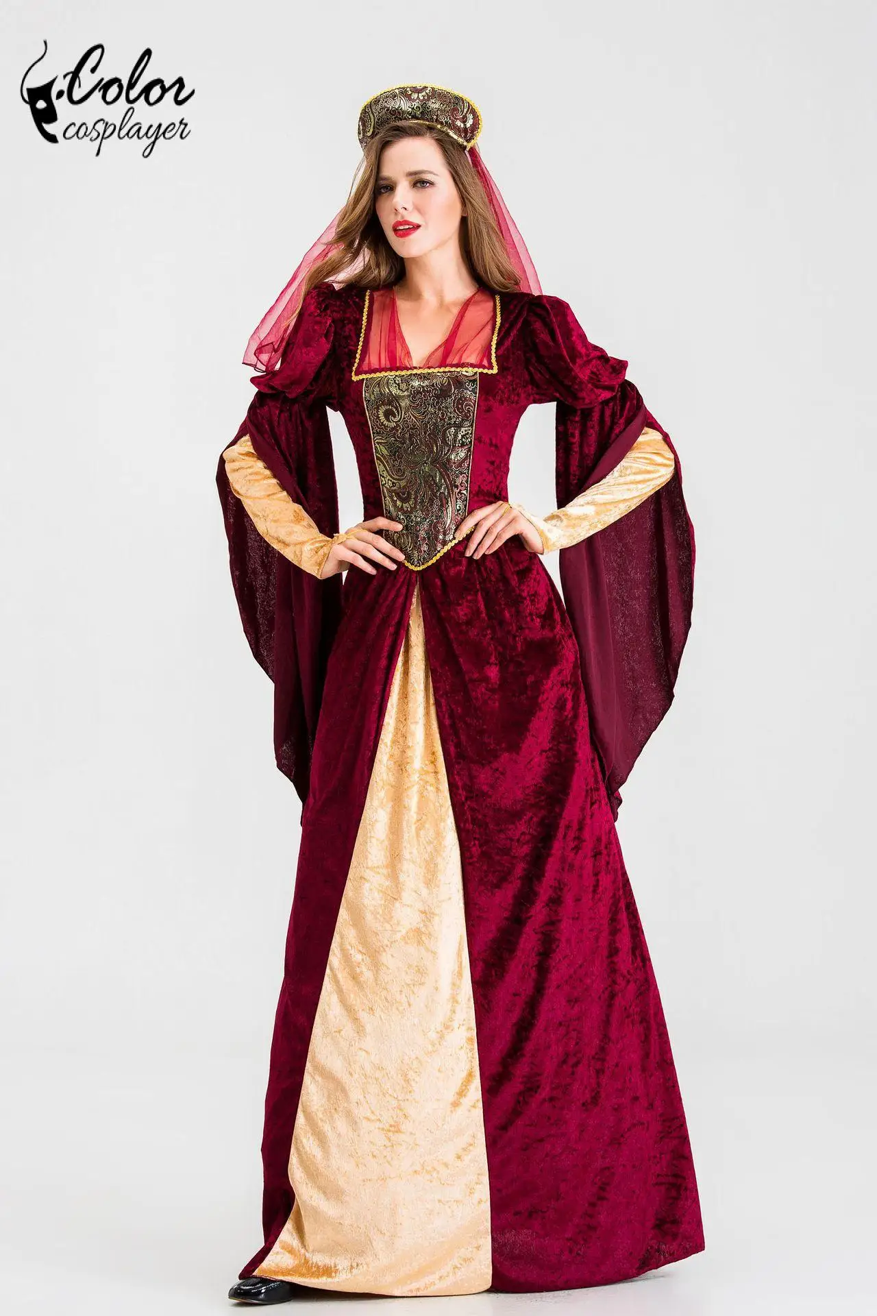 كرنفال سيدة ثوب القرون الوسطى الملكة تأثيري حلي خمر المحكمة الملكية الحمراء فستان مهرجان حفلة رداء مرحلة الأداء الزي #2