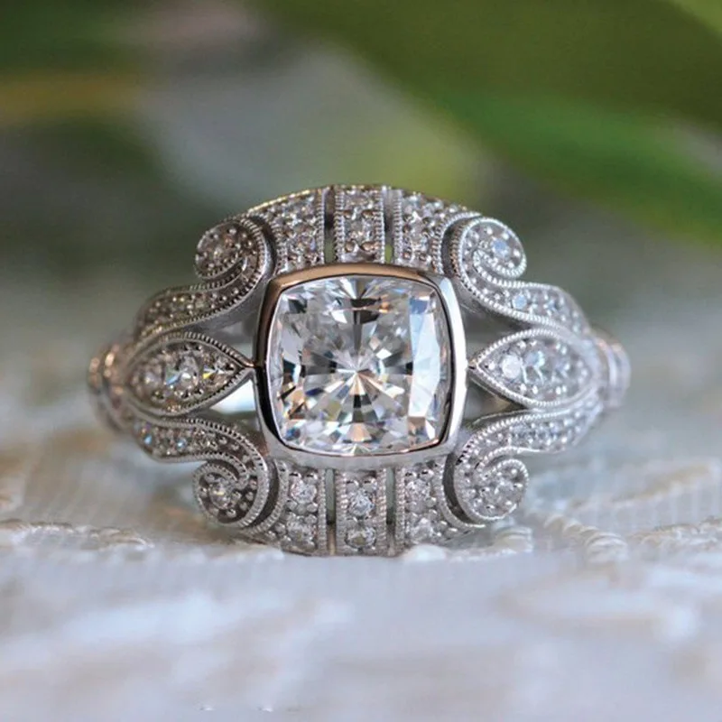 Classic 925 Sterling Silver Flower Female Cubic Zirconia Stone Ring Unique Pattern Jewelry for Wedding Rings for Men Women Gifts