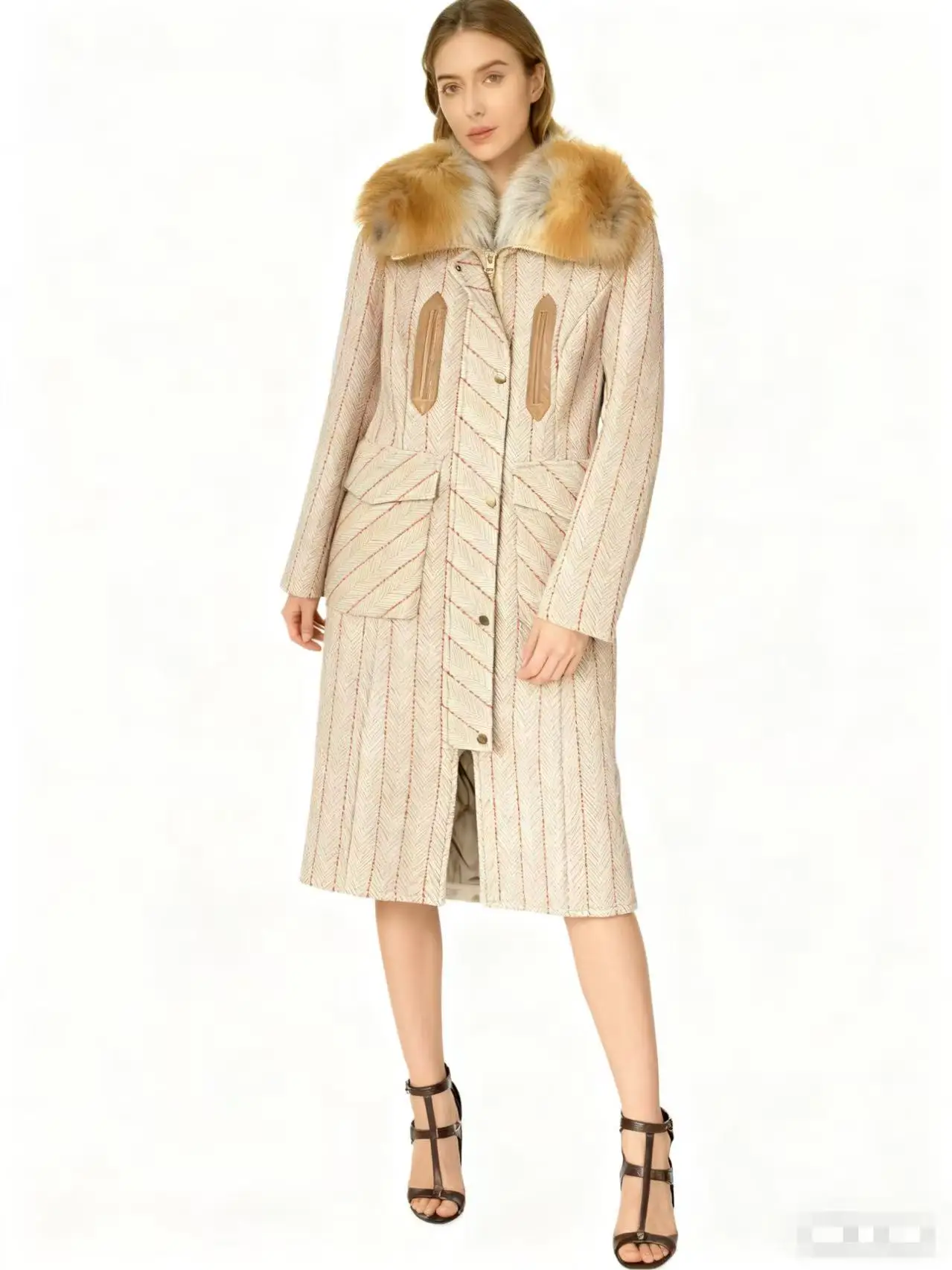 

New Stylish Coat With Detachable Genuine Fox Fur Collar Herringbone Pattern&Cotton-Wool Blend