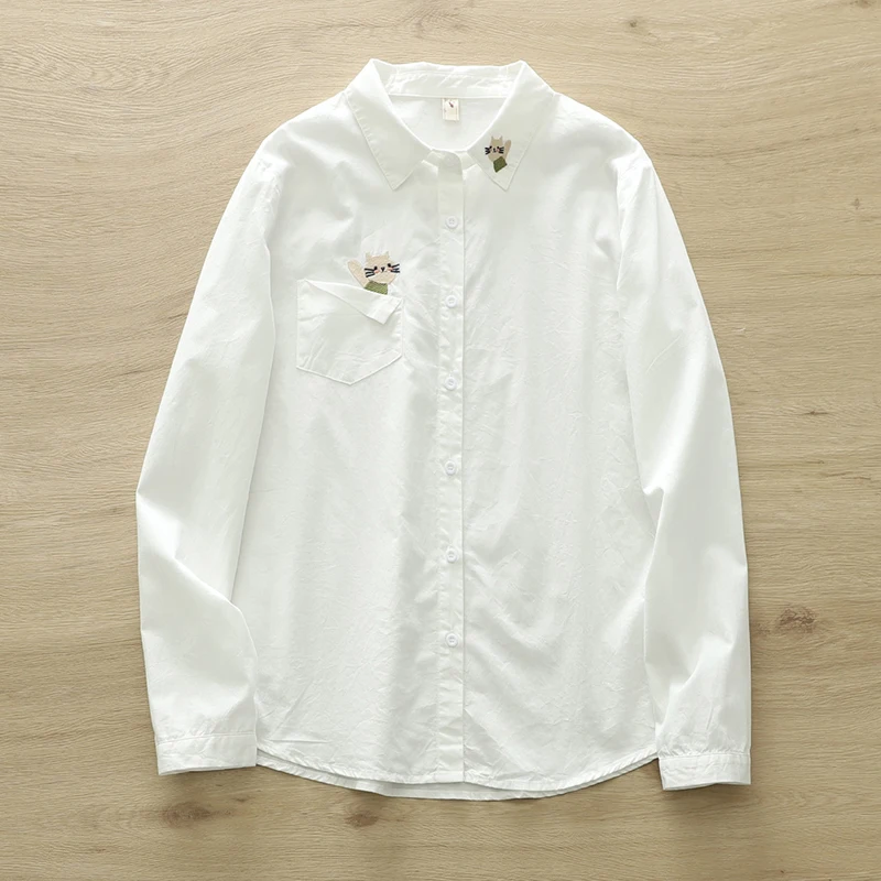 Spring Women Irregular Pocket Cartoon Cat Embroidery Shirt White Color Single-breasted Long-sleeved Loose Blouse Tops U081