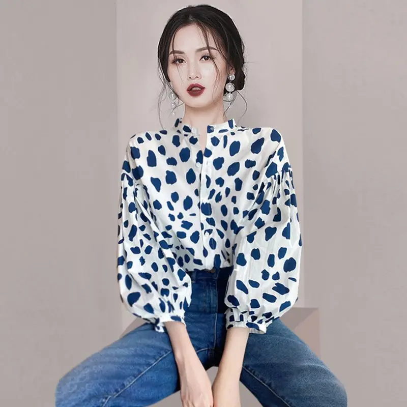 Age Reducing Design Bubble Sleeves Polka Dot Shirt New Women\'s Fashion Retro Niche Chiffon Top