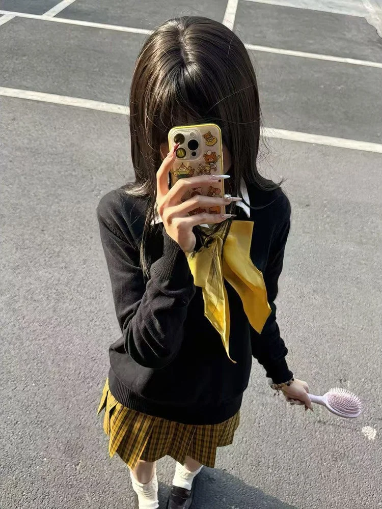 

Свободный вязаный свитер с v-образным вырезом, комплект плиссированной юбки для колледжа, свитер Leniwy Sle Faion, женский ансамбль