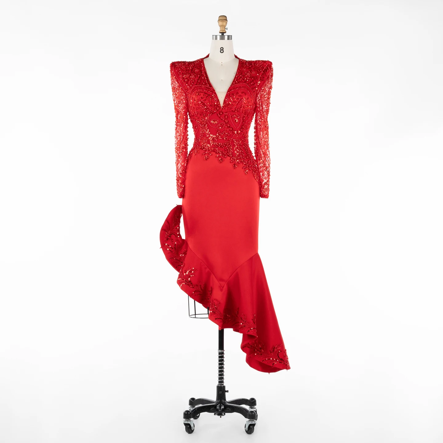 Red Deep V-Neck Long Sleeve Beaded Embroidered Evening Dress Asymmetrical Ruffle Luxury Satin Formal Party Gown ST044 Customized