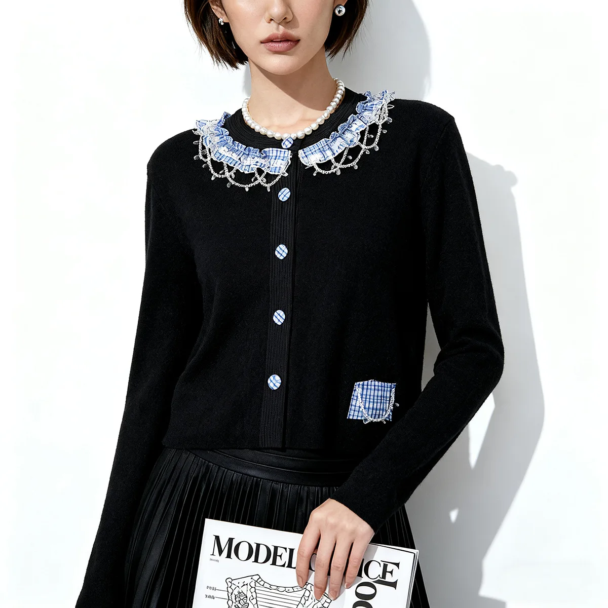 

Модный короткий вязаный кардиган с вышивкой из бисера на вырезе Сладкий французский женский свитер
