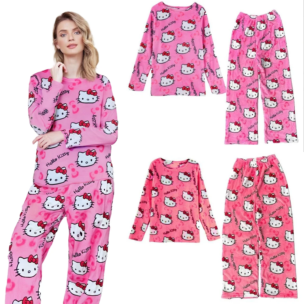 

Hello Kitty Pajamas Top Pants Suit Women Anime Cosplay Costume Kwaii Pink Flannel Winter Warm Xmas Christmas Halloween Homewear