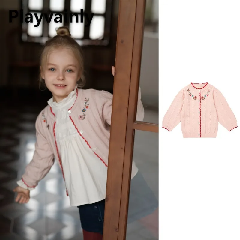 

Cute Girls Knitted Cardigan Spring Autumn Pink Floral Embroidery Single Breasted Sweaters Coats Sweet Fashion Kids Tops W5110