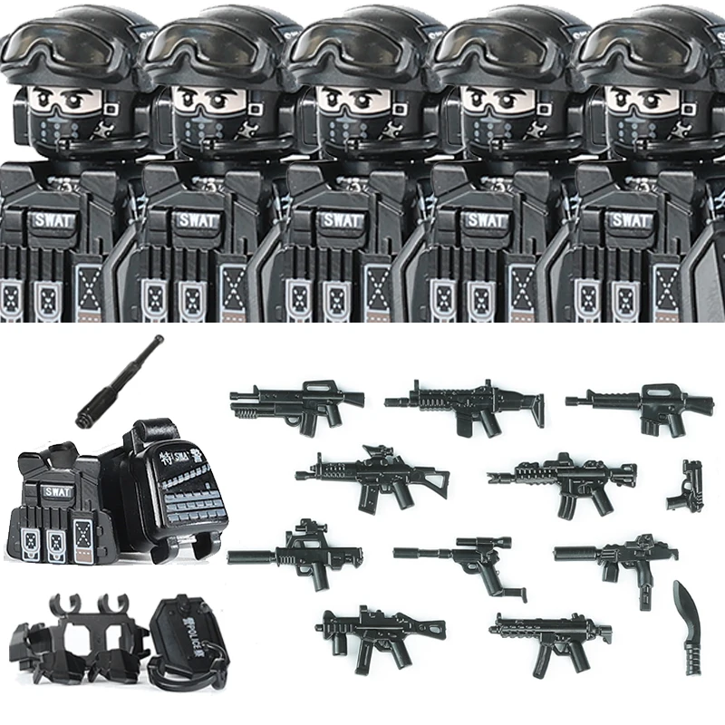 

Конструктор «Спецназ СВОТ»: Фигурки городской полиции, солдаты армии, военное оружие, очки, кирпичики, игрушки для детей