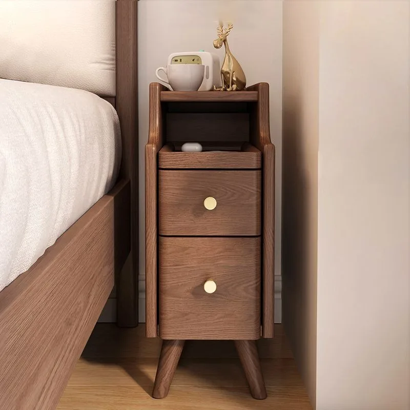 Solid Wood Walnut Nightstand Minor Narrow-sided Cabinet 25CM Bedroom Bedside Storage Locker Home Decor Ornaments Furniture