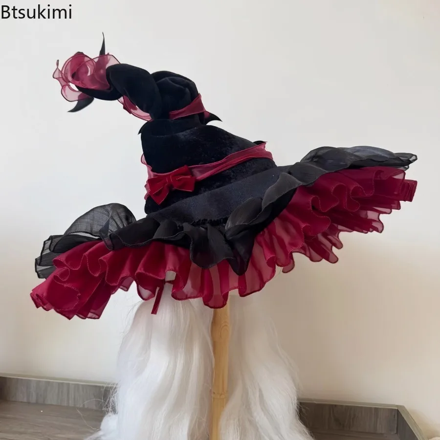 

Halloween Witch Hat Lolita Princess Sun Hats Retro Harajuku Gothic Handmade Bowknot Lace Top Hat Adult Cosplay Costume Accessory