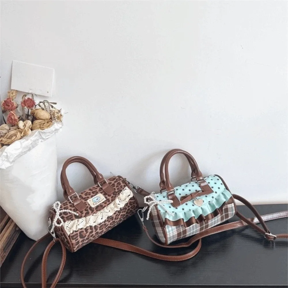 

New Sweet Bow Lolita Crossbody Bag Ruffle Lace Trim Pillow Handbag Polka Dot Design Chic Shoulder Tote Bag Girls