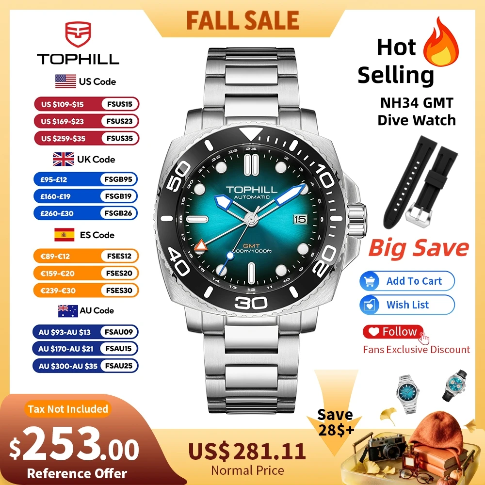 TOPHILL 43mm NH34 GMT Herrenuhr Automatische Mechanische Armbanduhr 300M Taucheruhr Saphir-Keramik-Lünette Luxuriöse Leuchtende 3H Datumsanzeige TD012G