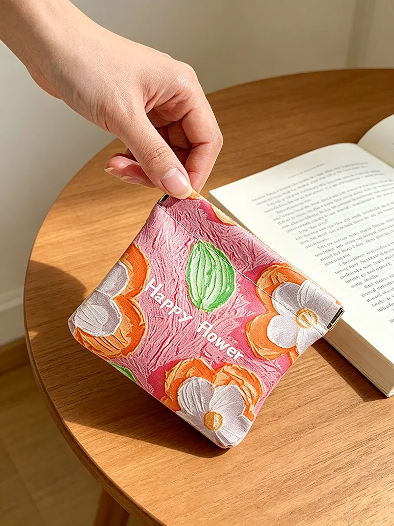 Immagine 5: BUYLEMO Borsa portaoggetti in PU con chiusura automatica, motivo floreale dipinto a olio, portatile con chiusura a scatto per auricolari e monete