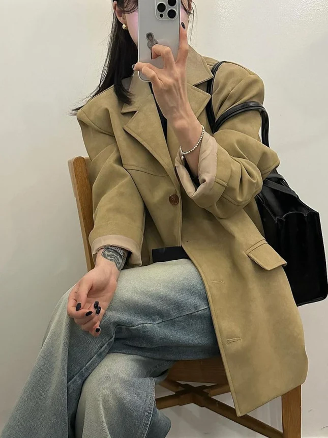 レトロシックなスエードスーツジャケット女性のシングルボタンシャツ韓国スタイル通勤長袖ピュアカラーファッショントレンド