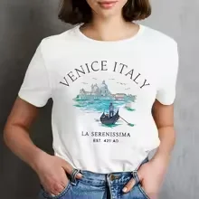 

90s Y2k Venice Italy Print Women's Crew Neck T-Shirt Casual Short Sleeve Letter Print Spring Summer Top Tee T Shirt T-shirts