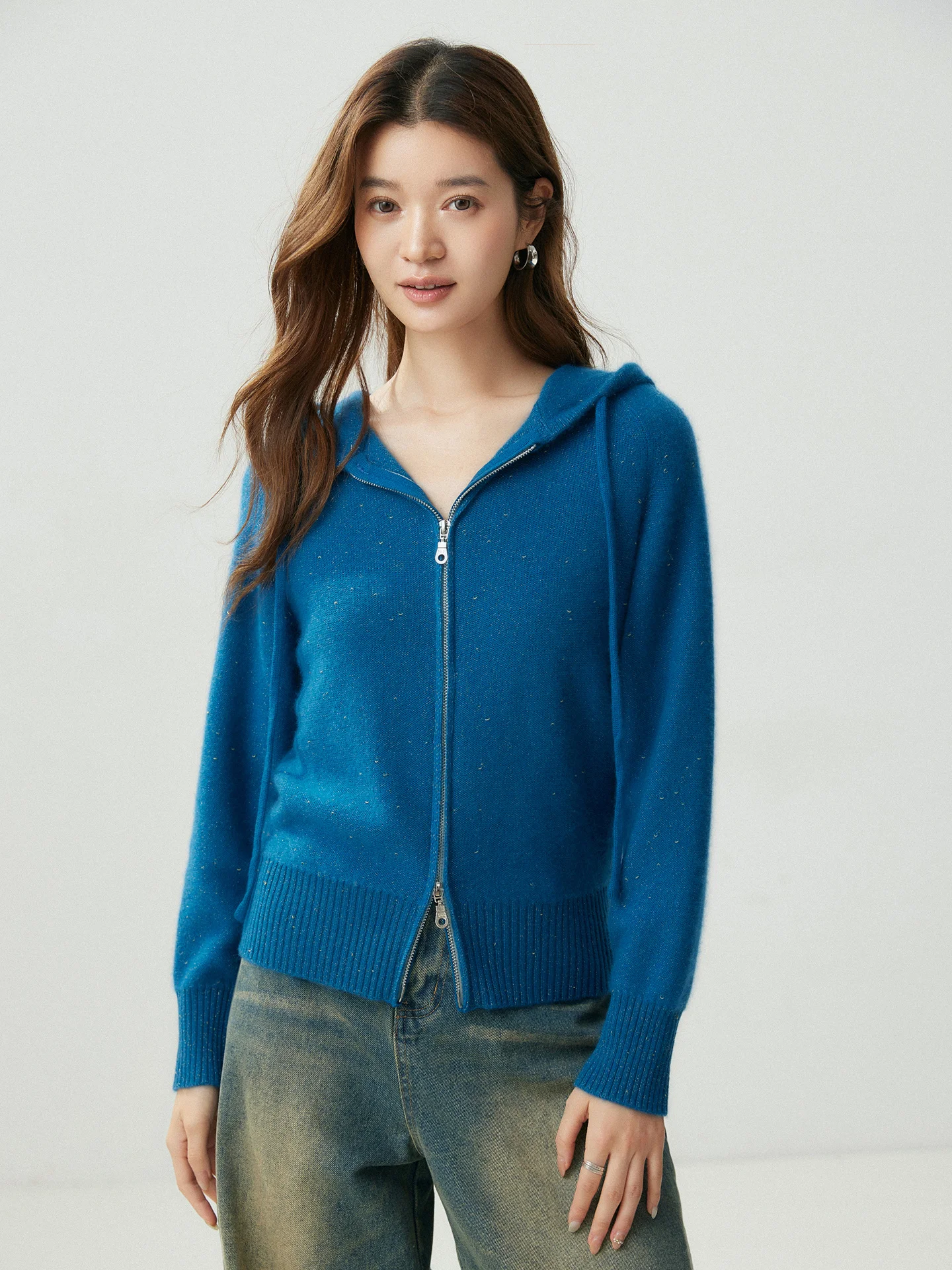 Stylish Hooded Women Cashmere Cardigan Sparkly Golden‑Dot Knit Jacket 100% Cashmere Sweater Autumn Winter Ladies Knitwear