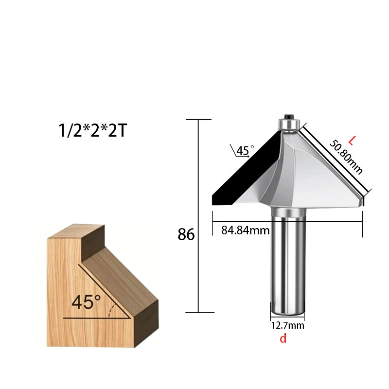 Diamond 45° Chamfer Bit, Wood Bevel Edge Trimming Milling Cutter for Solid Wood