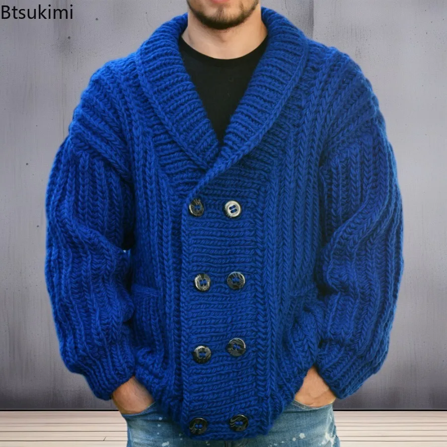 

Autumn Winter Men's Cardigans Sweaters Elegant British Style Double Breasted Knitted Sweater Coats Casual Loose Men Knit Jackets