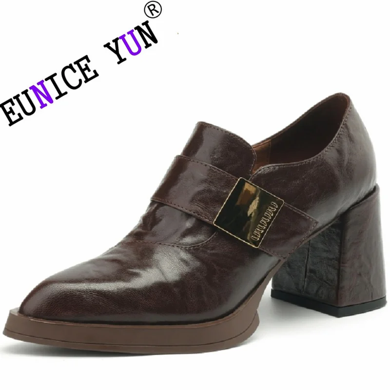 【EUNICE YUN】Women's Spring Summer Shoes Genuine Cow Leather High Heels Platform Dress Party Office Lady Pumps Size 33-40