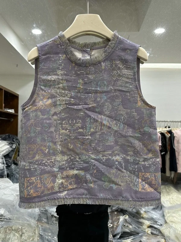 

Новая женская летняя жилетка в китайском стиле с круглым вырезом, пуговицами на спине, бахромой и золотой нитью