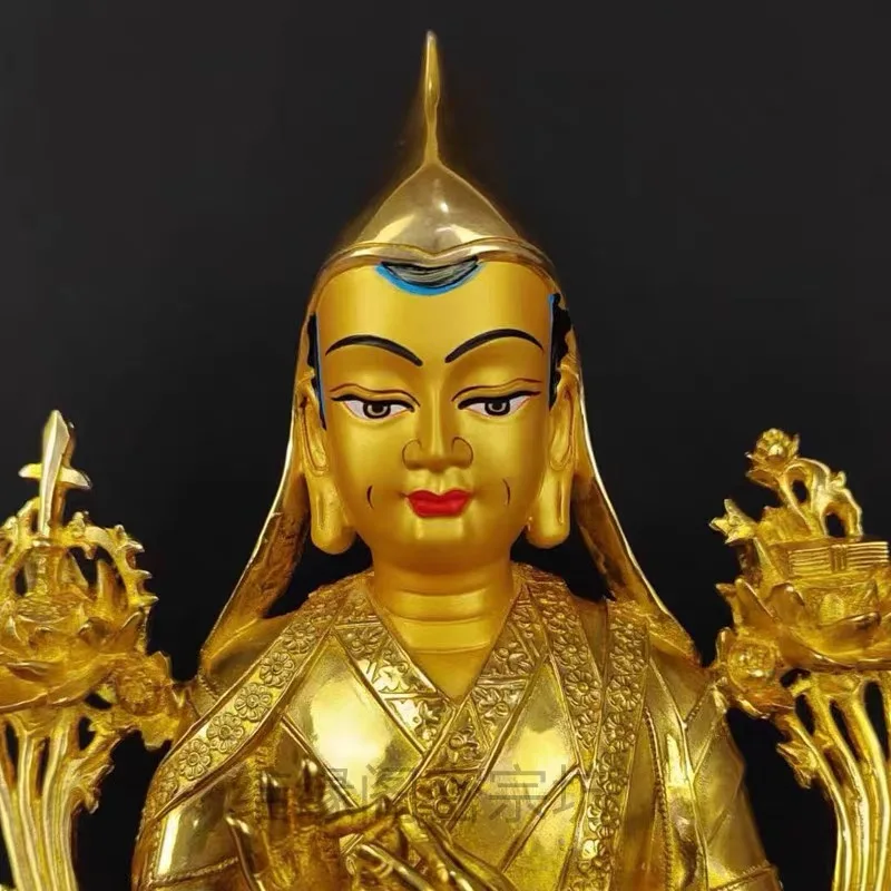 Nepal Buddhism 3PCS Buddhist Tibetan Buddhism gilding Tsongkhapa Buddha attendants statue bless safety good luck