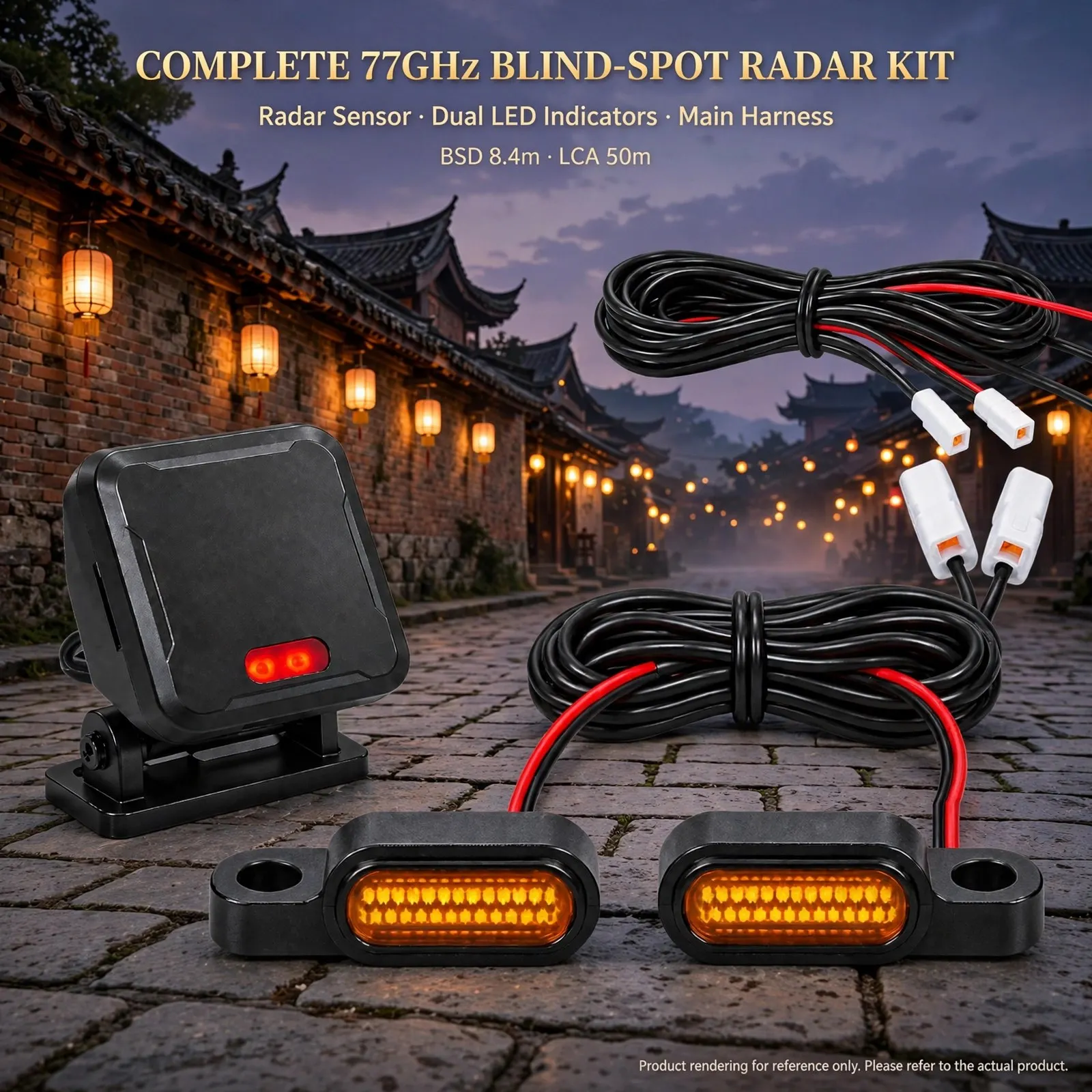 77GHz Motorcycle Blind Spot Monitoring Radar System with Dual LED Warning Indicators – Up to 70m Rear Detection, BSD 8.4m, LCA 5