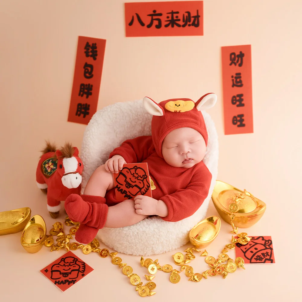 Newborn Chinese New Year Theme Photography Props Red Lucky Horse Costume Plush Little Pony Dolls Decor for Studio Photographers