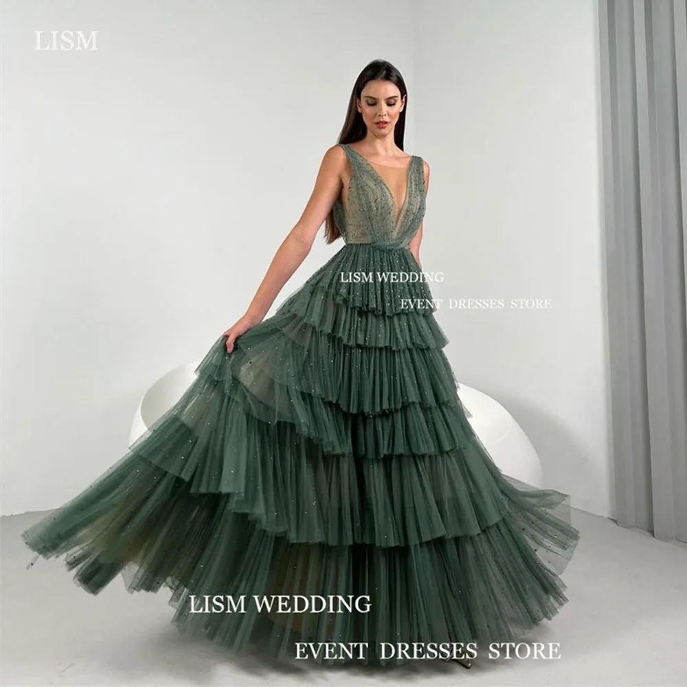 

LISM Sexy Glitter Green Formal Occasion Dresses Scoop Neck Sleeveless Tiered Ruffles A-Line Evening Party Gowns For Saudi Arabic