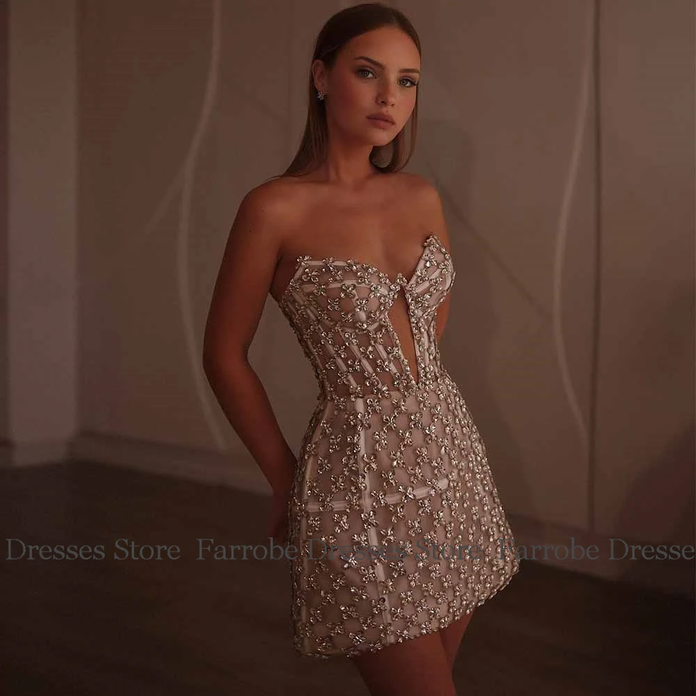 Luxury Prom Dresses Mini Organza A-line Sweetheart Cocktail Party Dress Champagne Rhinestones/Crystals Hollow Celebrity Dress image 2