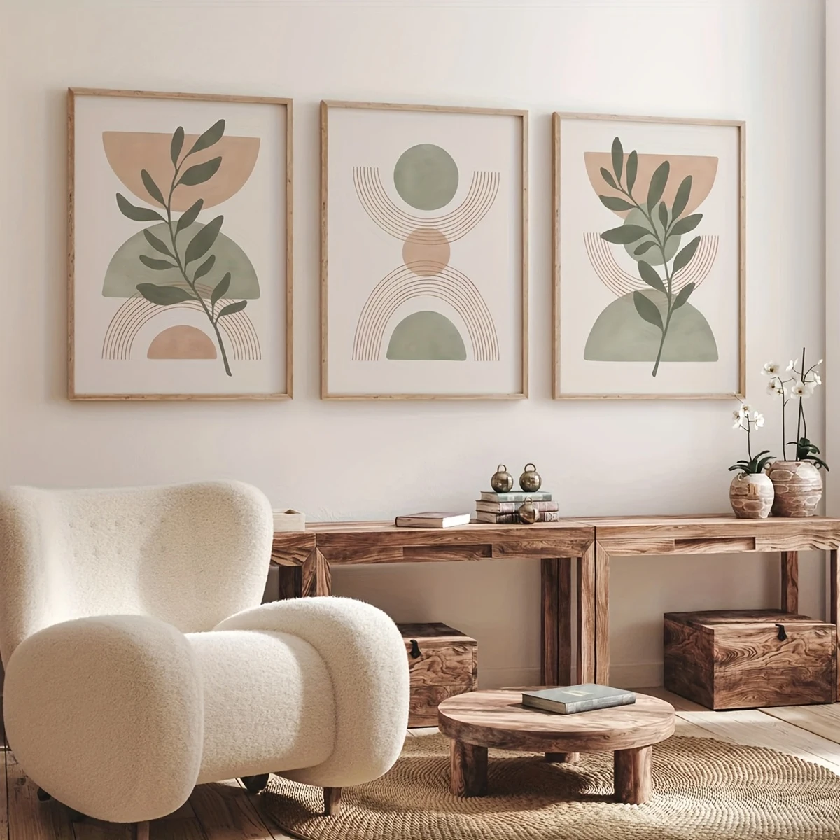 3pcs/Set frameless canvas, Bohemian Sage Green and Blush Pink Canvas Print Poster Modern Botanical Art Print Living Room Home De